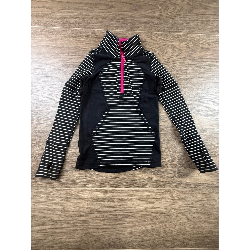 Ivivva Lululemon Girls Size 4 Black White Striped 1/4 Zip Pullover Thumbholes